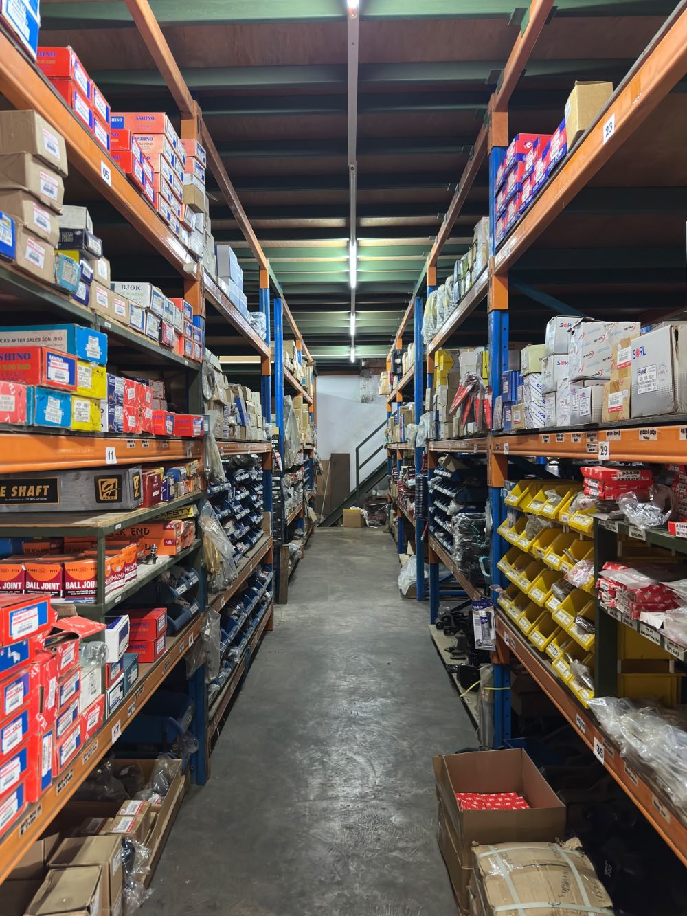 Parts store aisles stacked with boxed spare parts